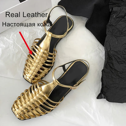 JOZHAMTA Size 34-43 Women Flats Sandals  Fashion Summer Shoes Real Leather Casual Sexy Round Toe Party Daily Dress Sandals