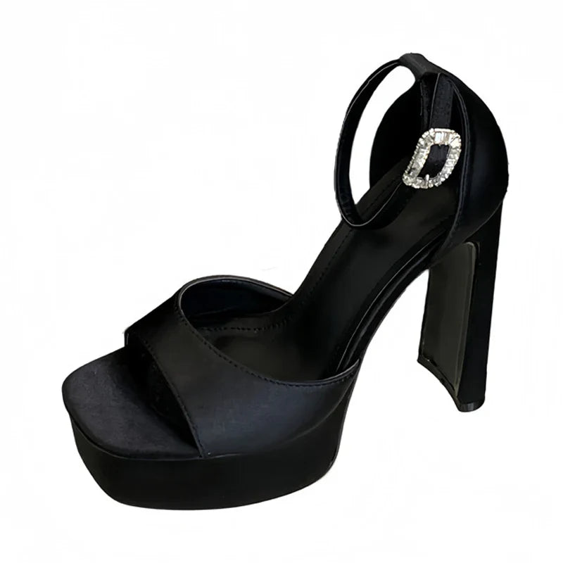 Liyke Runway Style Black High Heels Platform Sandals For Women Cozy Silk Square Toe Buckle Strap Lady Party Dress Shoes Size 40