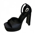 Liyke Runway Style Black High Heels Platform Sandals For Women Cozy Silk Square Toe Buckle Strap Lady Party Dress Shoes Size 40