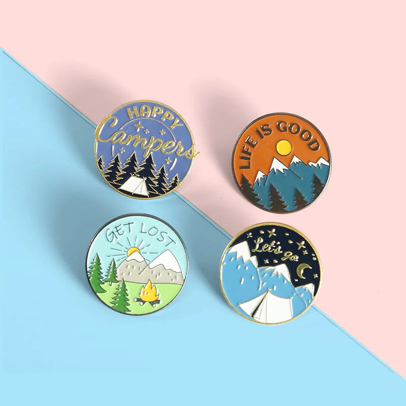 Scenic Snow Mountain Pine Tree Pattern Enamel Pin Social Power Brooch Custom Bag Lapel Shirt Badge Fun Cartoon Jewelry Gift for