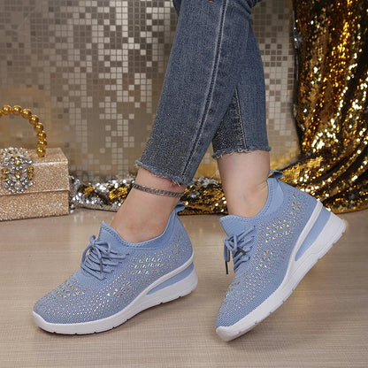 Women's Rhinestone Embellished Knit Mesh Wedge Sneakers, Adjustable Lace-Up Closure, Daily Walking Casual Footwear