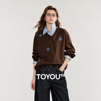 TOYOUTH Women Sweatshirt 2025 Autumn New Denim Flower Embroidery Fake Two Piece Splicing Turn Down Collar Cotton Casual Pullover