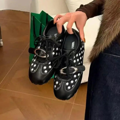 Korean Style Black Polka Dot Sneakers Women Spring 2026 Luxury Metal Decoration Designer Vulcanize Shoes Woman's Sports Shoes