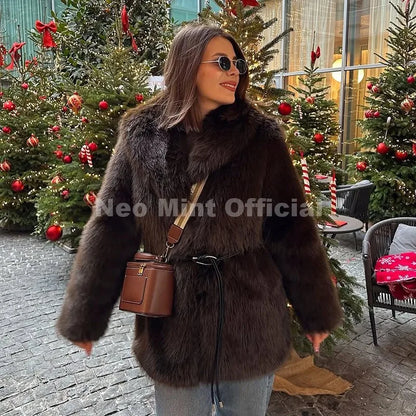 Neo Mint 2025 Winter Hot Brown Belted Faux Fur Coat Women Thick Warm Long Fox Fur Jacket Chic Brand Fashion Girls Furry Overcoat