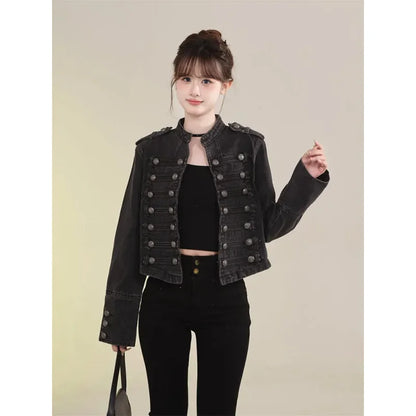 Women's American Retro Denim Military Inspired Cropped Jacket Long Sleeve Stand Collar Casual Motorcycle Coat