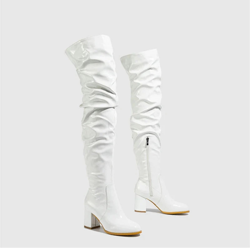 Hlieny 2026 Winter New Thigh High Boots Fashion Patent Leather Round Toe Zip Female Square Heels Pleated Design Women's Shoes