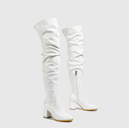 Hlieny 2026 Winter New Thigh High Boots Fashion Patent Leather Round Toe Zip Female Square Heels Pleated Design Women's Shoes