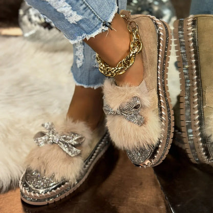 Trend Women Sneakers Furry Crystal Bow  Women Casual Shoes Flat Platform Loafers Short Plush Warm Autumn Winter Sneakers Woman