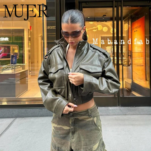 MUJER Faux Leather Cropped Jacket Women Bomber Demi-season Jackets for Women Long Sleeve Women's Coats Zip Overcoat Jacket Women