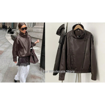 Fake leather Coat Women Y2k Faux Leather Jacket New Casual PU Jacket Motorcycle Style Leather Jacket Pebble Fall Personality