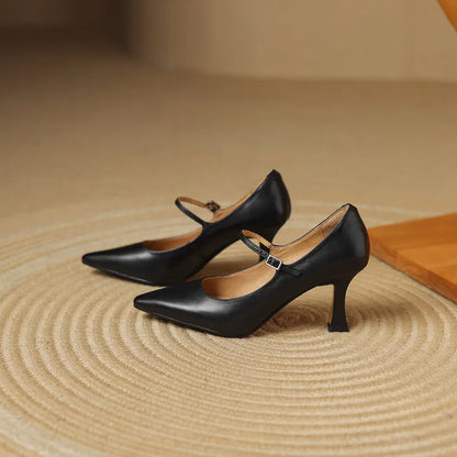 NEW Spring/Autumn Women Pumps Genuine Leather Shoes for Women Pointed Toe Thin Heel Shoes Shallow Buckle Strap Mary Janes Shoes