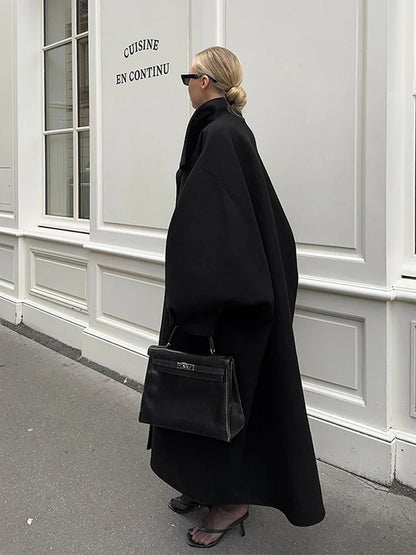 Women's Elegant Faux Suede Long Jacket Stand Collar Bat Sleeve Solid Overcoat Outwears 2025 Autumn Winter Female Streetwears