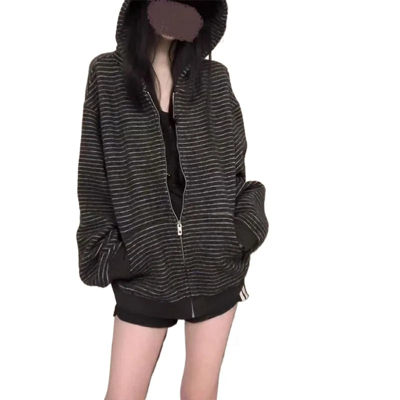 2000S American Vintage Striped Loose Long Sleeve Hooded Sweatshirt Y2k Subculture Casual Zip Up Hooded Cardigan Harajuku Coats