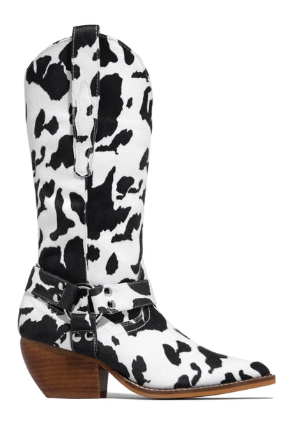 New 2026 Women's Western Cowboy Boots Flock Cow Print Chunky Heel Pointer Toe Western Boots Casual Female Boots Botas Femininas