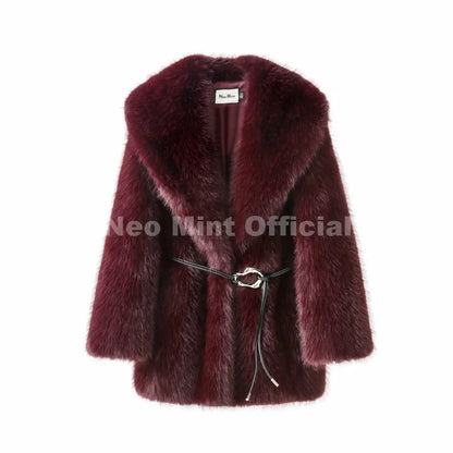 Neo Mint 2025 Winter Hot Brown Belted Faux Fur Coat Women Thick Warm Long Fox Fur Jacket Chic Brand Fashion Girls Furry Overcoat