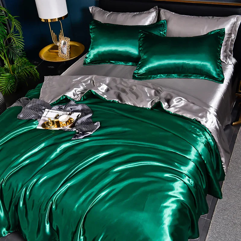 A/B Double-Sided Color Bedding Set Silky Satin Duvet Cover Bed Sheet Pillowcase Luxury Bedsheet King Queen Double Twin Size