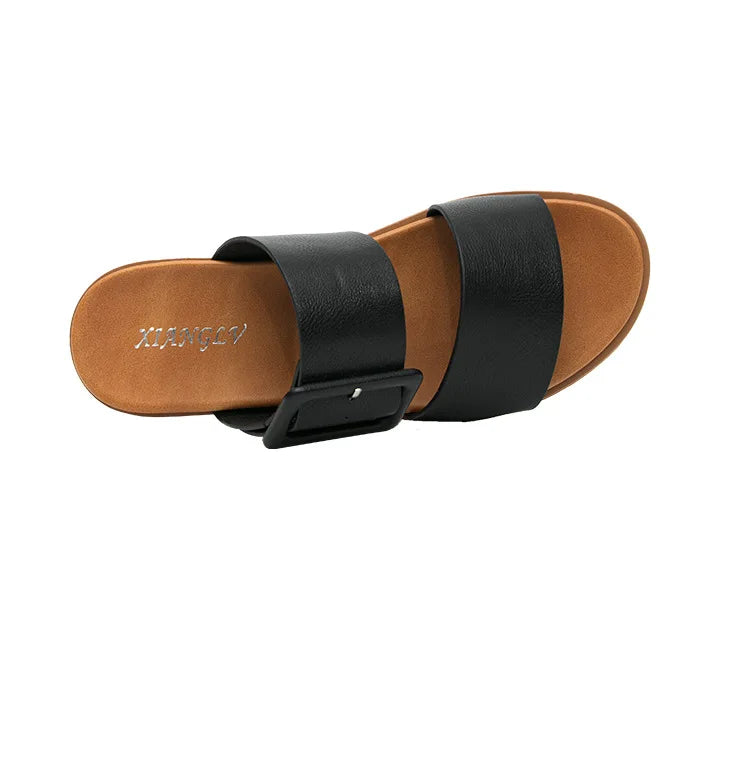 Adjustable Square Buckle Women Slide Sandals Two Strap Platform Slippers Low Heel Soft Sole Summer Open Toe Walking Casual Shoes