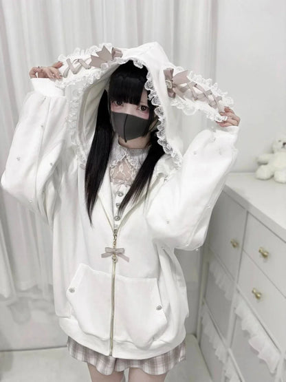 Japanese Sweet Coats Y2K Clothing Hoodie Women Tops Autumn and Winter Color Match Splicing with Thick Velvet Cardigan Jackets