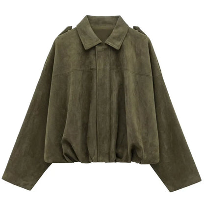 HXAO Women's Bomber Jacket Lapel Long Sleeve Zipper Suede Jacket Women 2025 High Street Cropped Racing Jackets Coats Outerwears