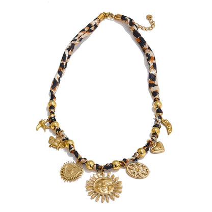 Yhpup Popular Stainless Steel Leopard Polyester Sun Flower Heart Insect Drop Collar Necklace 18K PVD Plated Fashion Jewelry Gift