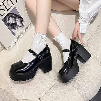 Black Super High Heels Mary Jane Shoes Women 2026 Goth Chunky Platform Pumps Woman Plus Size Ankle Buckle Party Lolita Shoes 42