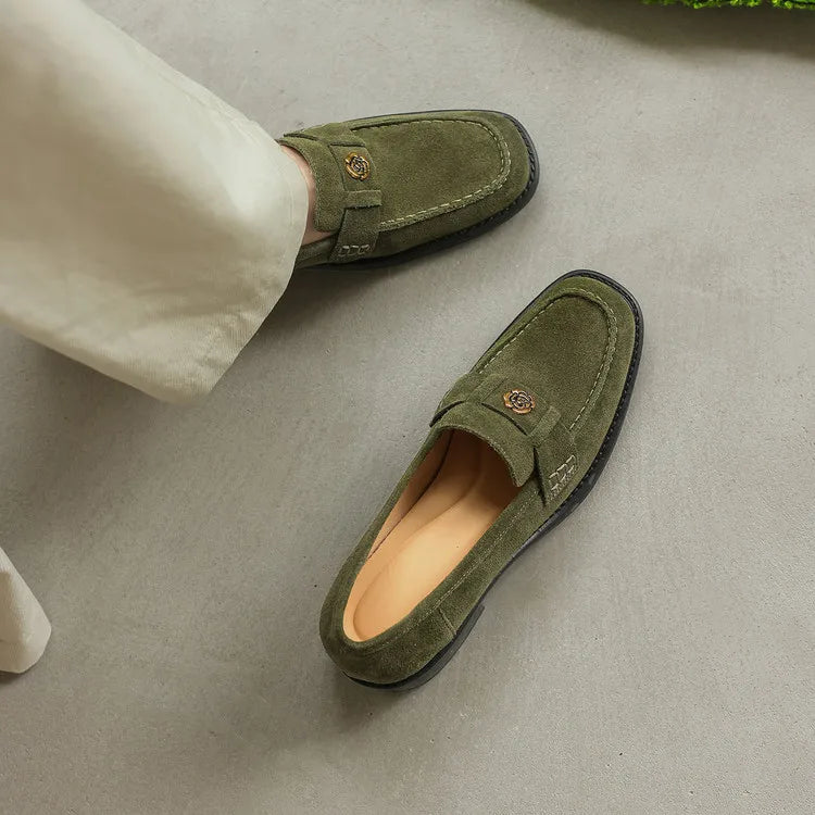 New Spring/Autumn Cow Suede Women Shoes Fashion Retro Square Toe Shoes for Women Mid Heels Women Pumps Handmade Green Loafers
