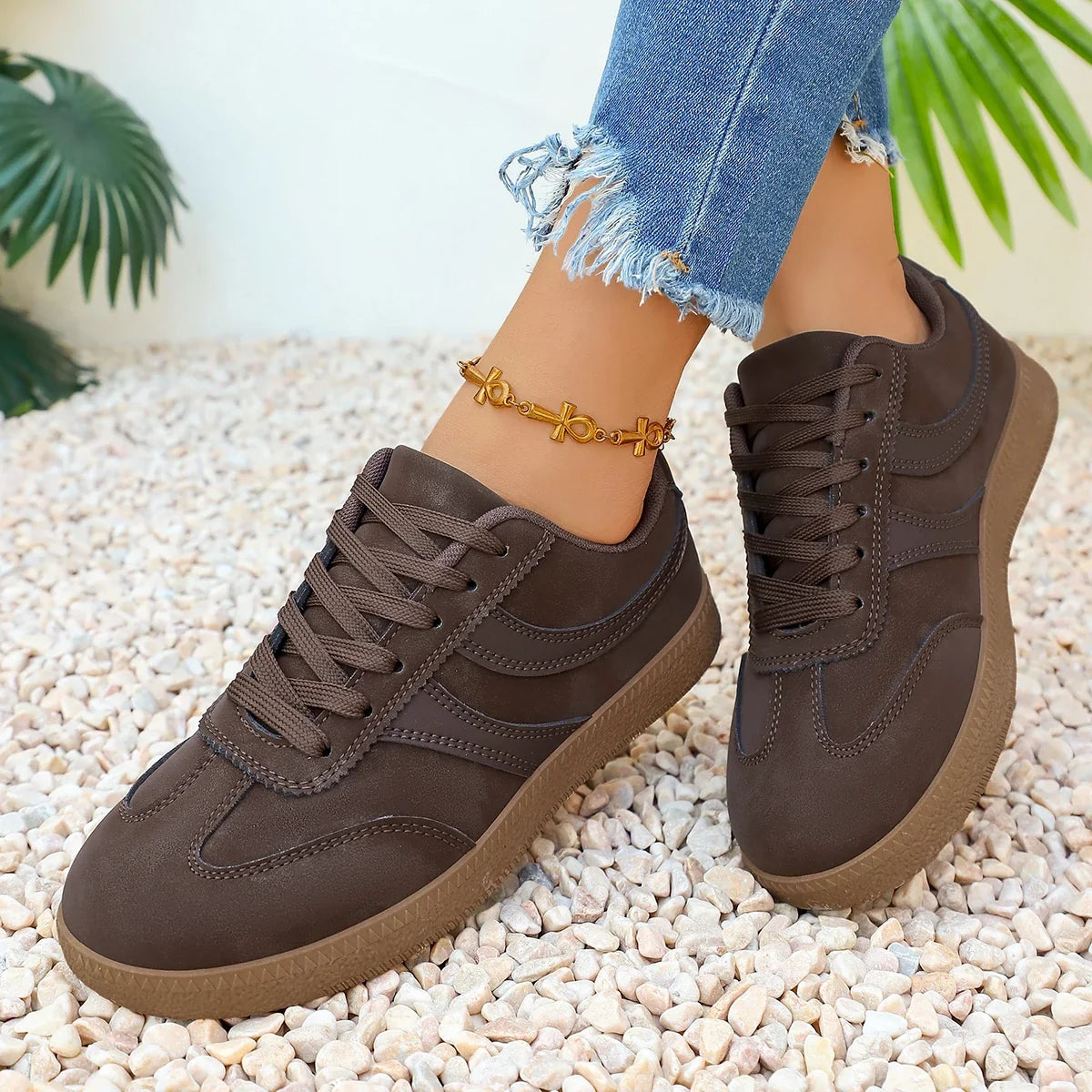 Retro Brown Platform Sneakers Women 2026 Flat Trend German Training Shoes Woman Plus Size 43 Non-slip Thick Sole Vulcanize Shoes