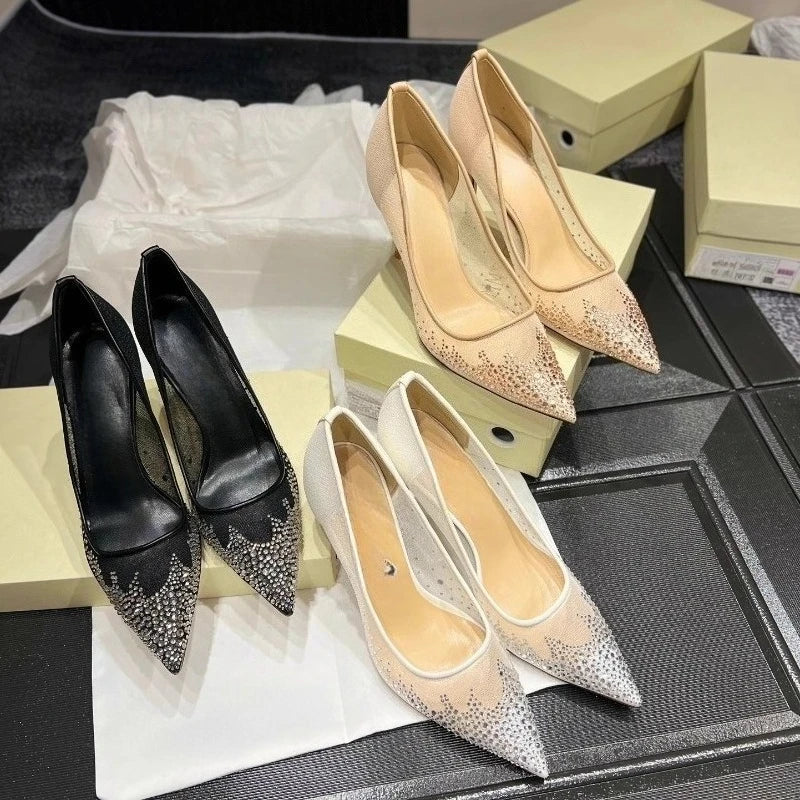 Women's high heels and single shoes for spring and summer  new mesh diamond fashion banquet pointed women's shallow mouth shoes