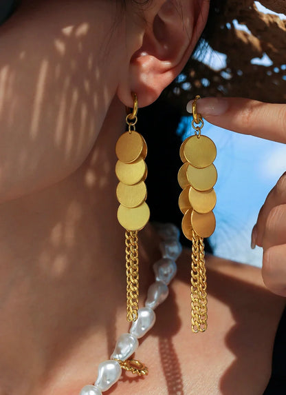 Stainless Steel Dangle Earrings For Women 18k Gold Plated Waterproof Non Tarnish Women's Glossy Sheets Chains Tassel Earring