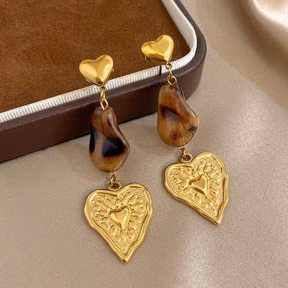 Greatera Caramel Amber Patterned Irregular Heart Earrings For Women Charm Stainless Steel Waterproof Popular Ear Accessories New