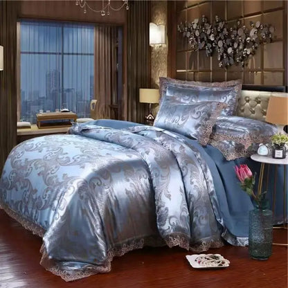 Luxury Jacquard Bedding Set Tencel Modal Duvet Cover 4PCS with Lace Satin Bed Sheet Pillowcases King and Queen Size Home Textile