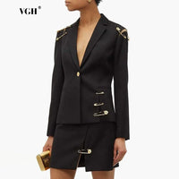 VGH Chic Spliced Metal Pin Slimming Blazer for Women Notched Collar Long Sleeve Patchwork Mesh Hollow Out Fashion Jacket Female