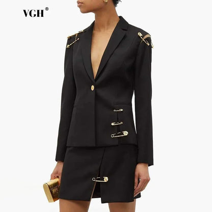 VGH Chic Spliced Metal Pin Slimming Blazer for Women Notched Collar Long Sleeve Patchwork Mesh Hollow Out Fashion Jacket Female