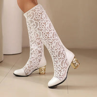 Vintage Hollow Embroider Mesh Surface Knee Length Women's Boot  5.5cm Thick Heel Fashion Women's Boot 34-47 Summer Cool Boots