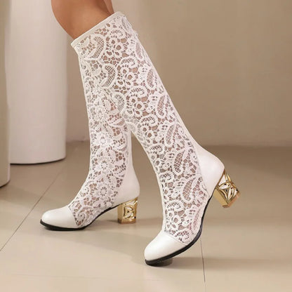 Vintage Hollow Embroider Mesh Surface Knee Length Women's Boot  5.5cm Thick Heel Fashion Women's Boot 34-47 Summer Cool Boots
