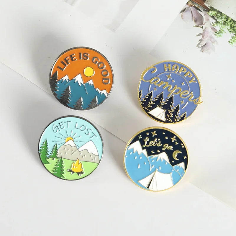 Scenic Snow Mountain Pine Tree Pattern Enamel Pin Social Power Brooch Custom Bag Lapel Shirt Badge Fun Cartoon Jewelry Gift for