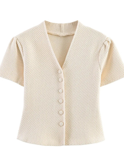 Summer minimalist style V-neck slim fit structured knit short sleeved knitted jacket with suspender short top and half skirt