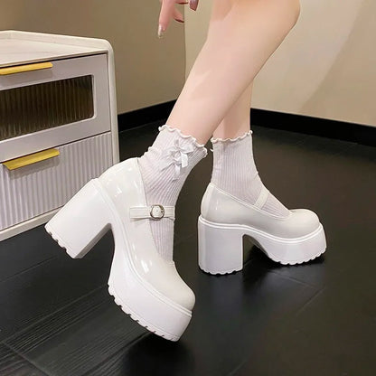 Black Super High Heels Mary Jane Shoes Women 2026 Goth Chunky Platform Pumps Woman Plus Size Ankle Buckle Party Lolita Shoes 42