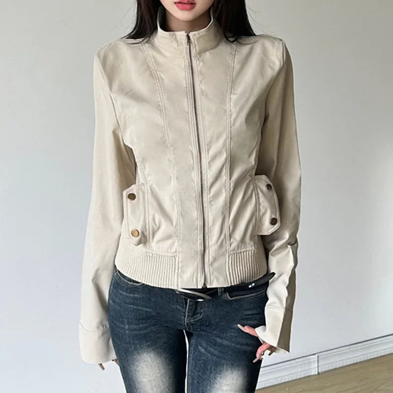 Women Jacket Pocketd Long Sleeve dCasual Zipper Coats Slim Fit Turn Down Collar Solid Outwear Elegant Lady Autumn 2024