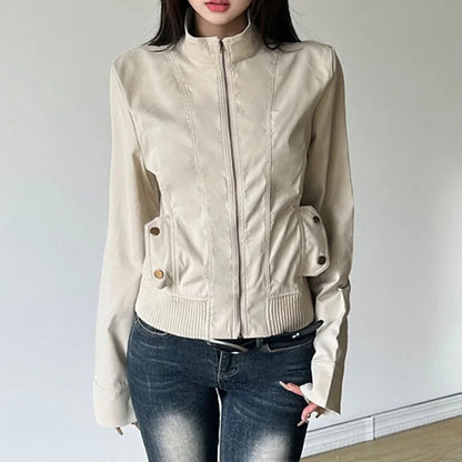 Women Jacket Pocketd Long Sleeve dCasual Zipper Coats Slim Fit Turn Down Collar Solid Outwear Elegant Lady Autumn 2024