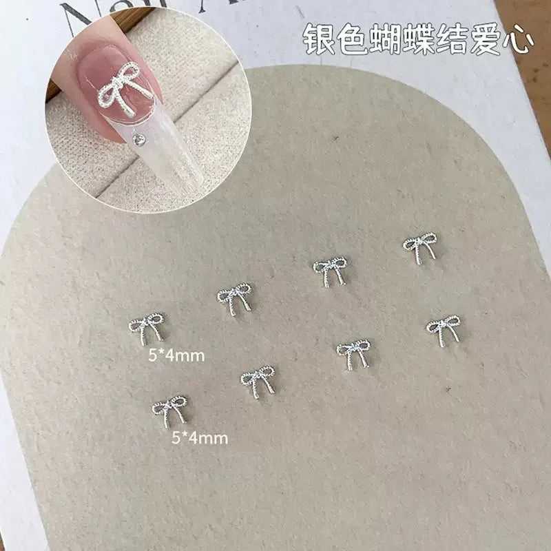 2Sizes Bowtie Love Nail Parts Nail Charms Korea Mini Silver Ribbon Bow tie Alloy Nail Art Accessories 3D Luxury Nail Decorations