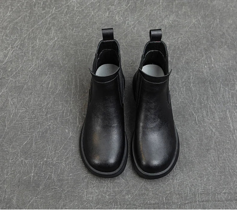 DRKANOL Fashion Women Thick Heel Ankle Boots Autumn Winter Warm Shoes Round Toe Real Cowhide British Style Slip On Chimney Boots