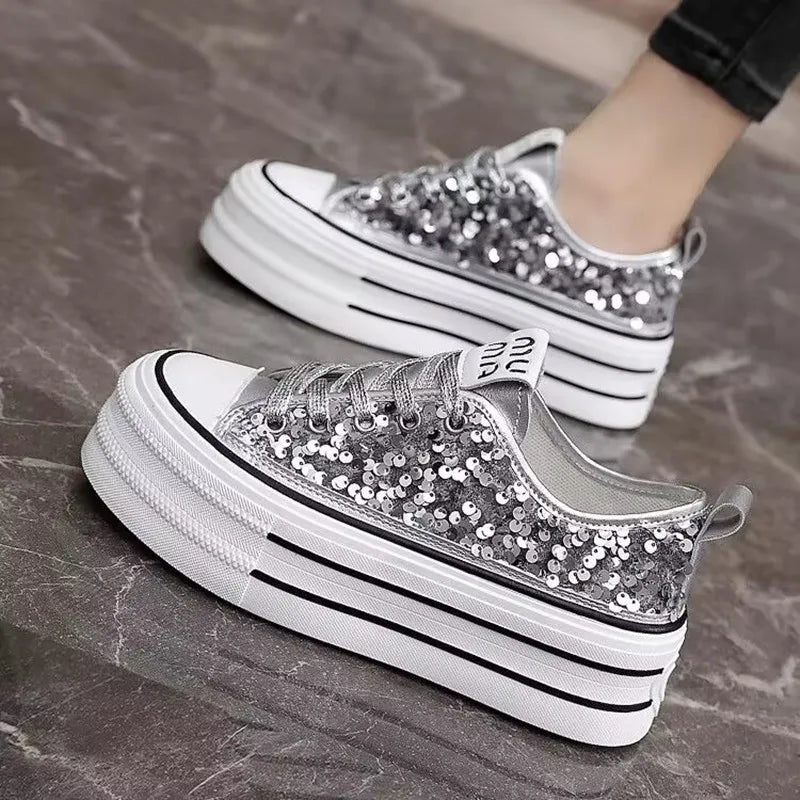 Woman Platform Sneakers Wedge Shoes Female Spring Autumn Sequins Bling Casual Shoes Ladies Thick-soled Canvas Shoes
