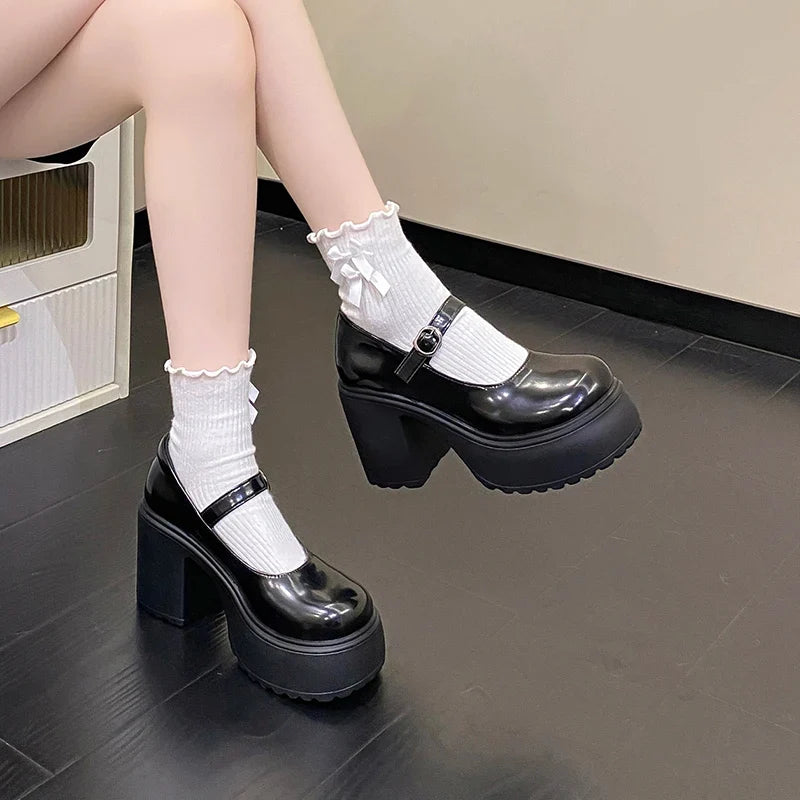 Black Super High Heels Mary Jane Shoes Women 2026 Goth Chunky Platform Pumps Woman Plus Size Ankle Buckle Party Lolita Shoes 42