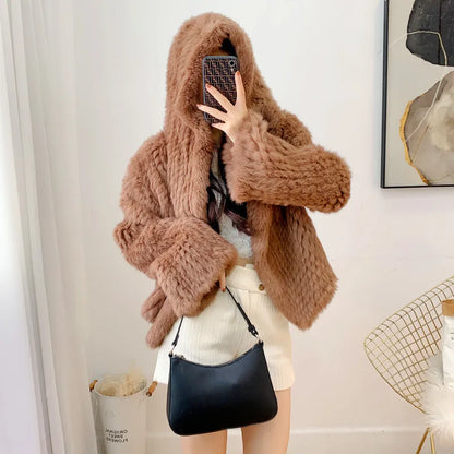 Real Rabbit Fur Hooded Coat Long Sleeve Women Casual Loose Knitted Genuine Fur Jacket With Hood Female Natural Fur Outwear