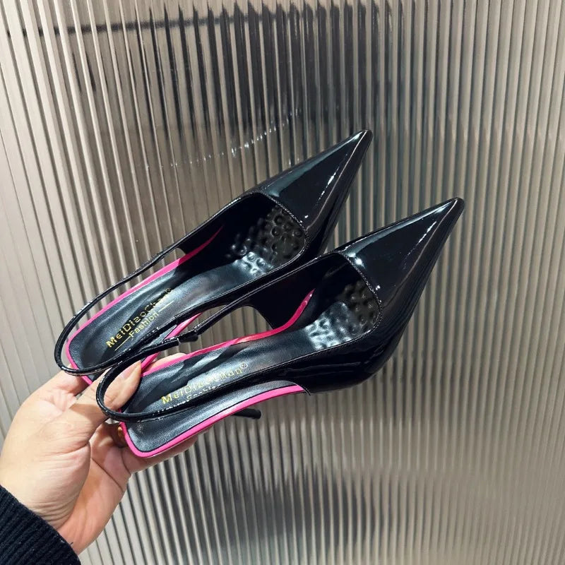 New Patent Leather Pointed Back Hollow Thin Heel Women's Sandals High Heels Thin Heel Sexy Back Hollow Temperament Single Shoe