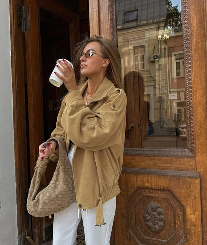 Khaki Lapel Short Suede Jacket Women Casual Stand Collar Full Sleeve Zipper Pocket Loose Jackets 2026 Lady Commute Street Coats