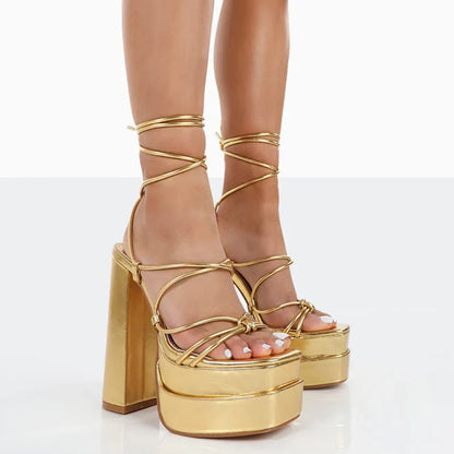 FF2025 New Fashion Solid Colored Cross-tied Heels Supper High Platform Dressing Sandals Peep-toe Square Heel Summer Footwear