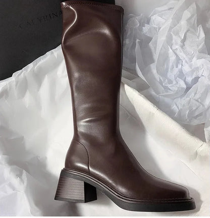 Vintage Thick Heel Women Knee High Boots Fashion Side Zippers Shoes Autumn Winter Ladies Concise Long Botas De Mujer