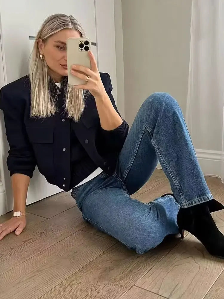 Women Fashion With Pockets Bomber Jacket Coats Vintage Long Sleeve Front Button Casual Female Outerwear Chic Tops